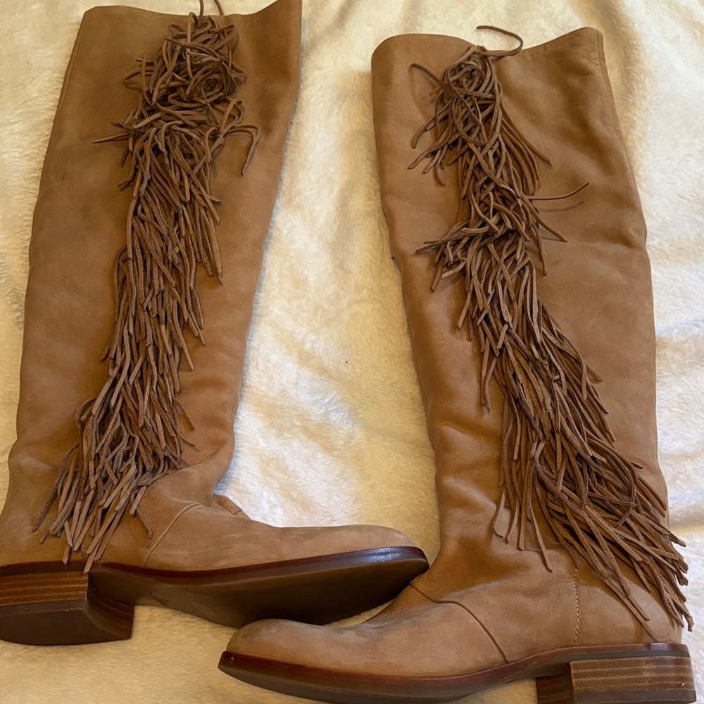 Sam Edelman Tan Over the Knee Fringe Boots